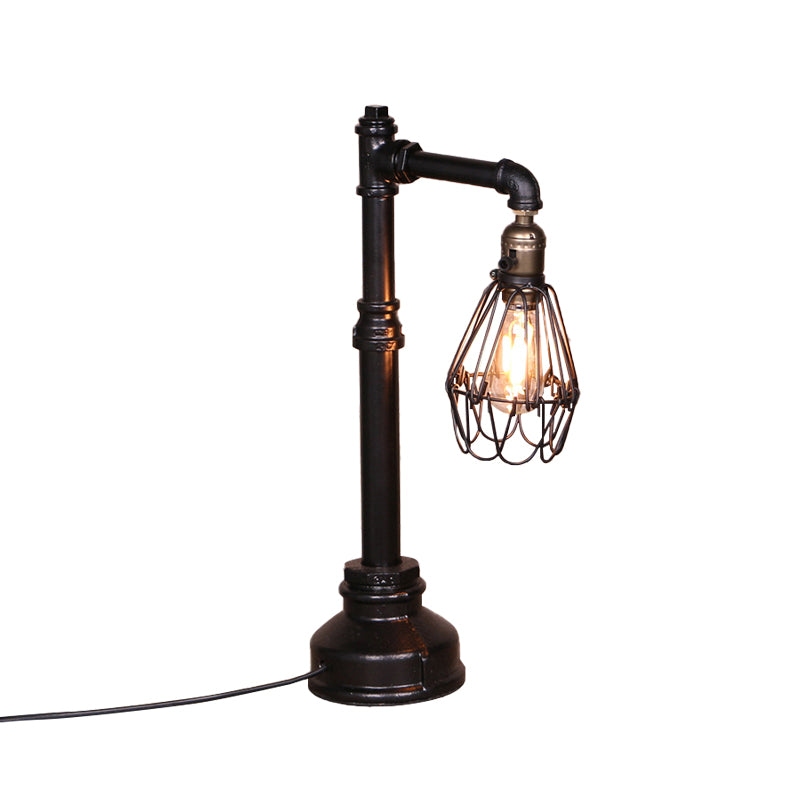 Rustic Stylish Wire Frame Table Light 1 Head Metal Standing Table Lamp with Plumbing Pipe in Black Clearhalo 'Lamps' 'Table Lamps' Lighting' 195529