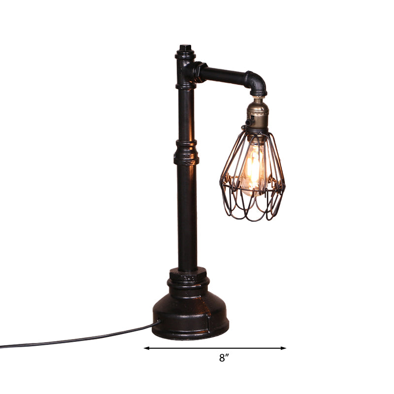Rustic Stylish Wire Frame Table Light 1 Head Metal Standing Table Lamp with Plumbing Pipe in Black Clearhalo 'Lamps' 'Table Lamps' Lighting' 195530
