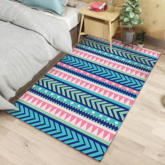 Blue and Pink Striped Tribal Rug with Chevron Geometric Polyester Pet Friendly Stain Resistant Indoor Rug for Bedroom Blue-Pink Clearhalo 'Area Rug' 'Rugs' 'Southwestern' Rug' 1955352