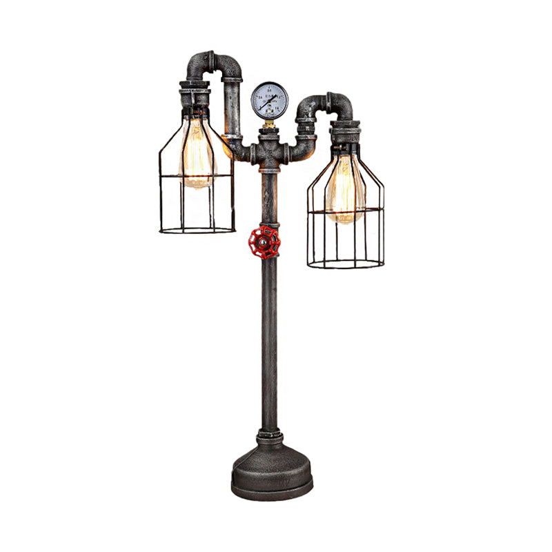 Industrial Wire Guard Table Light with Gauge and Valve 2 Lights Wrought Iron Standing Table Light in Silver Clearhalo 'Lamps' 'Table Lamps' Lighting' 195540