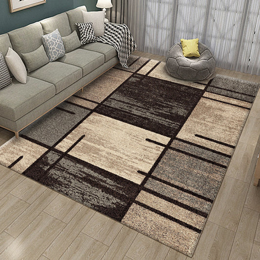 Brown Bedroom Rug Novelty Geometry Rectangle Plaid Stripe Print Rug Polyester Washable Area Rug Chocolate