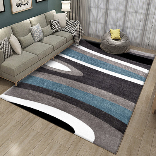 Novelty Stripe Curve Pattern Rug in Black and Grey Polyester Carpet Washable Area Rug for Living Room Blue-Brown