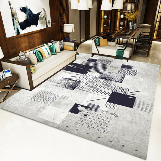 Novelty Bedroom Rug in Grey Geometric Square Chevron Print Rug Polyester Washable Area Rug Grey