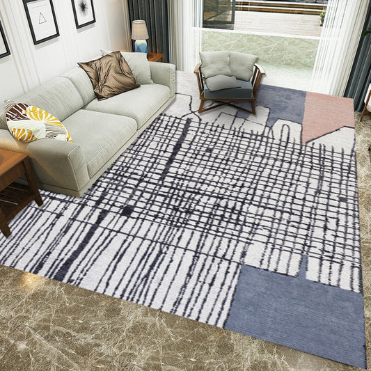 Simple Novelty Rug in White Stripes Geometry Print Area Rug Polyester Washable Carpet for Bedroom Peacock Blue