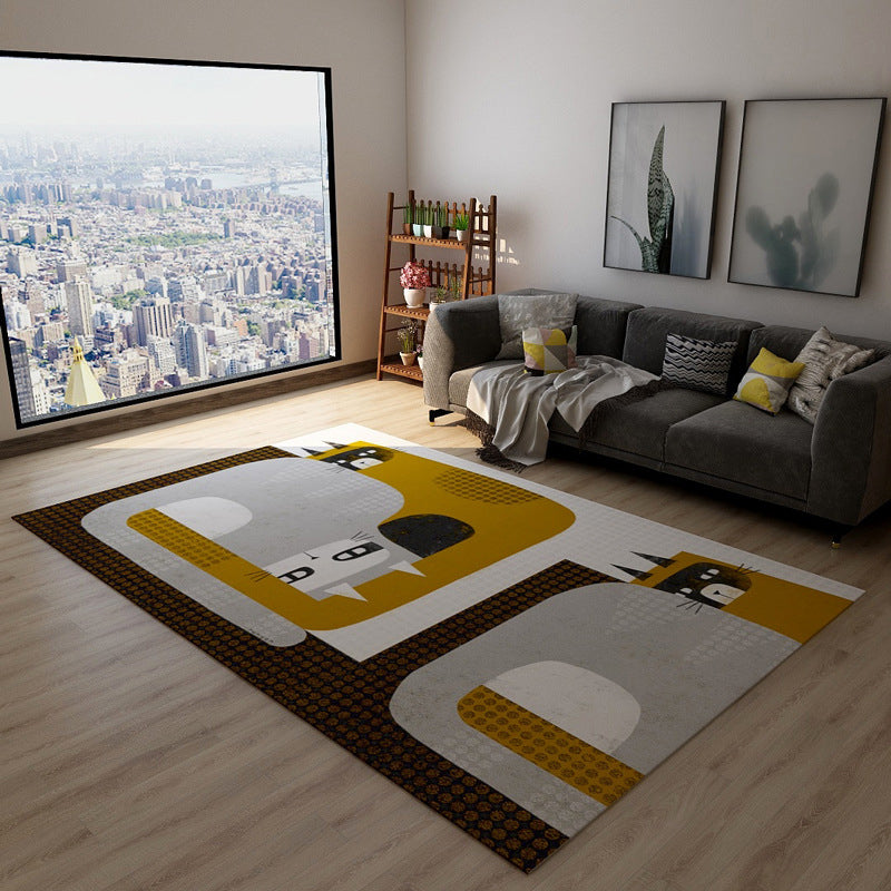 Yellow Machine Washable Area Rug with Cat Pattern Modernist Polyester ...