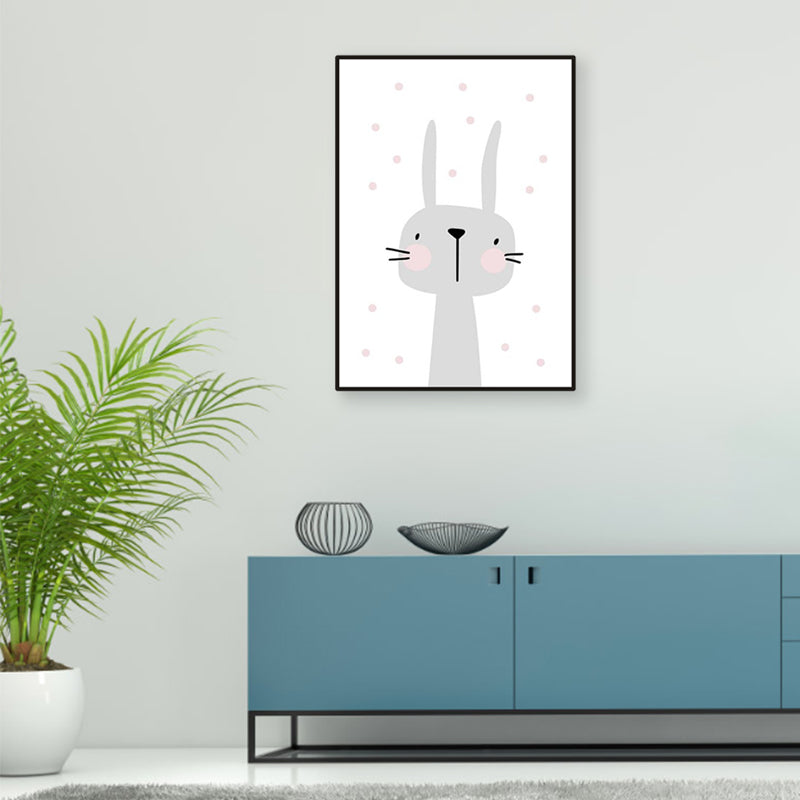 Cartoon Rabbit Painting Gray Children's Art Style Wrapped Canvas for Family Room Clearhalo 'Art Gallery' 'Canvas Art' 'Kids' Arts' 1956234