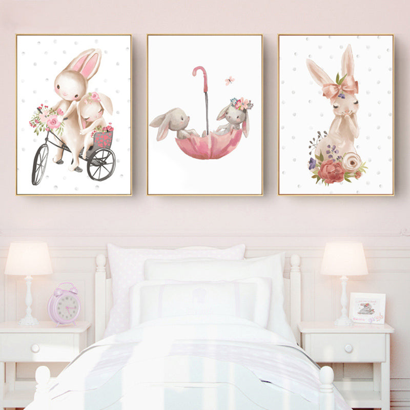 Personified Bunny Canvas Children's Art Animal Painting in Light Color for Bedroom Clearhalo 'Art Gallery' 'Canvas Art' 'Kids' Arts' 1956344