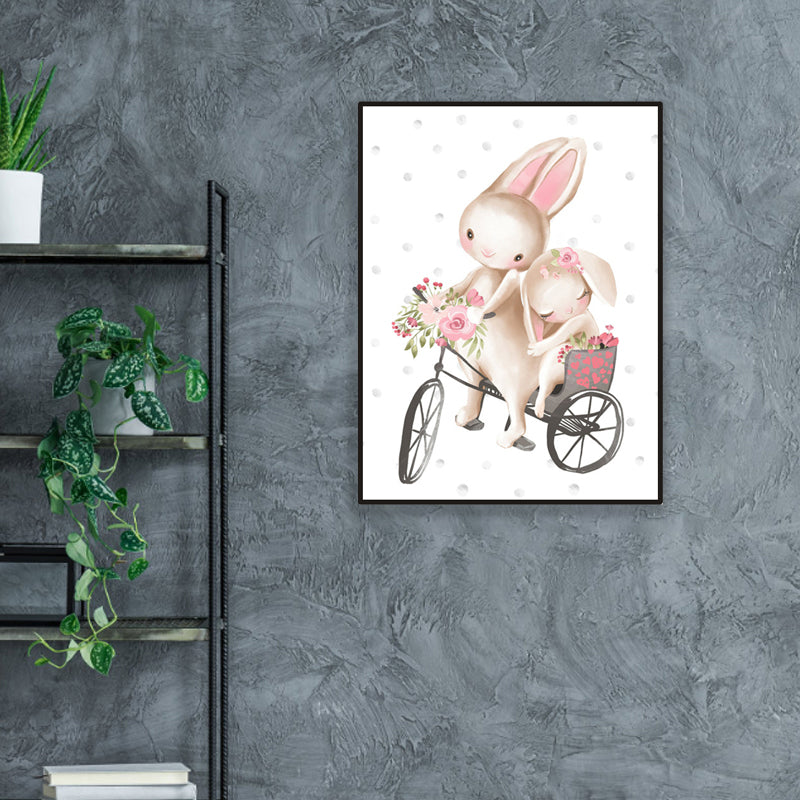 Personified Bunny Canvas Children's Art Animal Painting in Light Color for Bedroom Pink Clearhalo 'Art Gallery' 'Canvas Art' 'Kids' Arts' 1956345