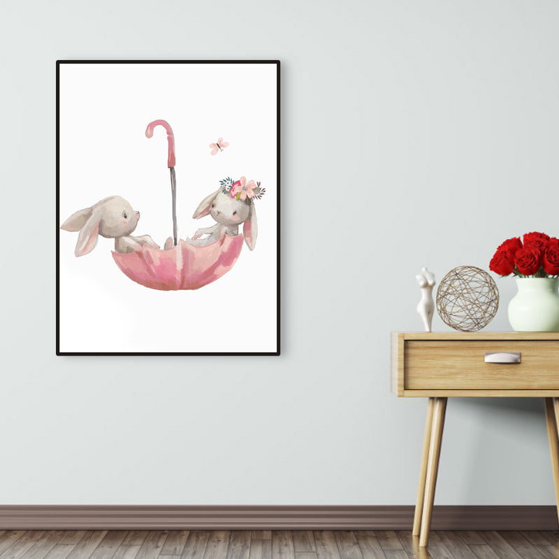Personified Bunny Canvas Children's Art Animal Painting in Light Color for Bedroom Pink 16" x 24" Clearhalo 'Art Gallery' 'Canvas Art' 'Kids' Arts' 1956352