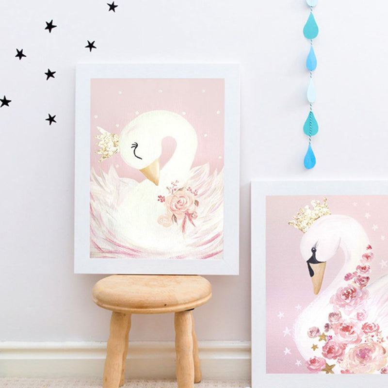 Crown Swan and Bloom Wall Art Decor Living Room Wild Animal Canvas Print in Pink Clearhalo 'Art Gallery' 'Canvas Art' 'Kids' Arts' 1956397