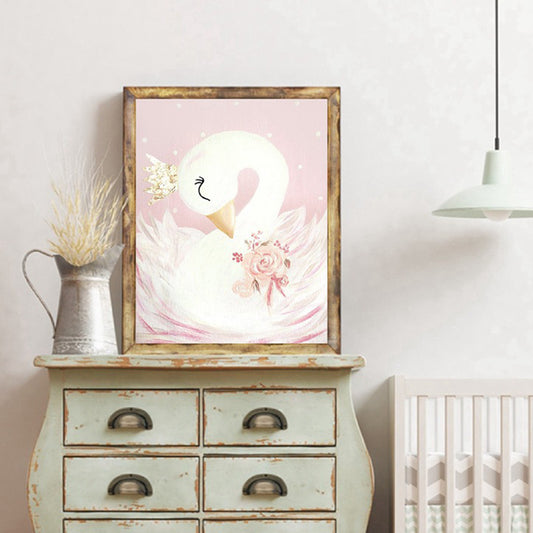 Crown Swan and Bloom Wall Art Decor Living Room Wild Animal Canvas Print in Pink Clearhalo 'Art Gallery' 'Canvas Art' 'Kids' Arts' 1956398