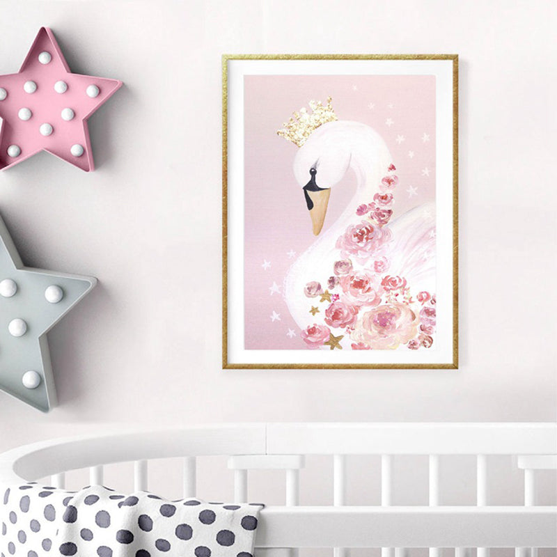 Crown Swan and Bloom Wall Art Decor Living Room Wild Animal Canvas Print in Pink Pink Clearhalo 'Art Gallery' 'Canvas Art' 'Kids' Arts' 1956404