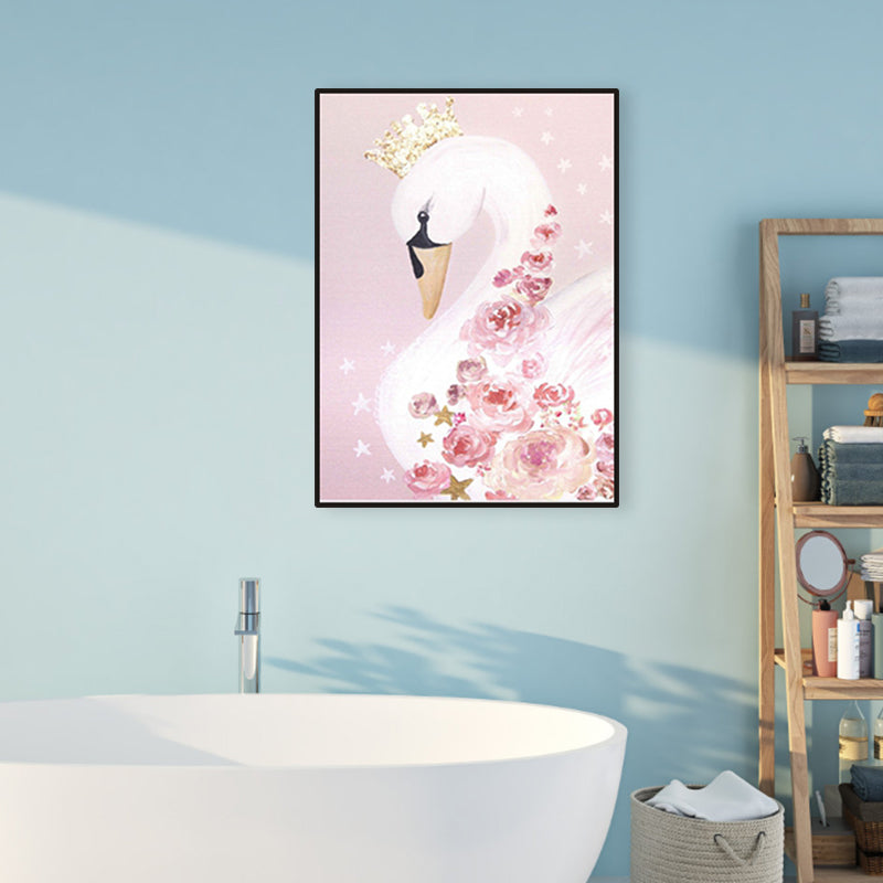 Crown Swan and Bloom Wall Art Decor Living Room Wild Animal Canvas Print in Pink Clearhalo 'Art Gallery' 'Canvas Art' 'Kids' Arts' 1956405