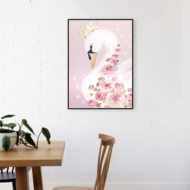 Crown Swan and Bloom Wall Art Decor Living Room Wild Animal Canvas Print in Pink Clearhalo 'Art Gallery' 'Canvas Art' 'Kids' Arts' 1956406