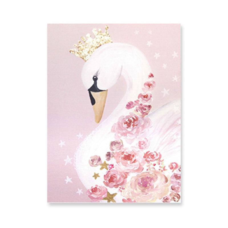 Crown Swan and Bloom Wall Art Decor Living Room Wild Animal Canvas Print in Pink Clearhalo 'Art Gallery' 'Canvas Art' 'Kids' Arts' 1956407