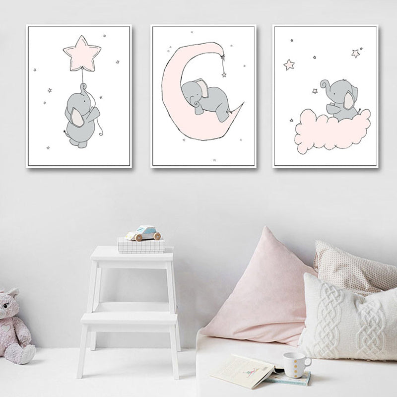 Children's Art Cartoon Elephant Wall Decor Pastel Color Sitting Room Wrapped Canvas Pink Clearhalo 'Art Gallery' 'Canvas Art' 'Kids' Arts' 1956428
