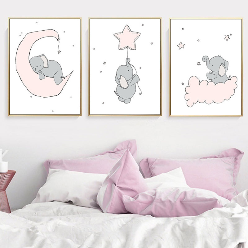 Children's Art Cartoon Elephant Wall Decor Pastel Color Sitting Room Wrapped Canvas Clearhalo 'Art Gallery' 'Canvas Art' 'Kids' Arts' 1956429