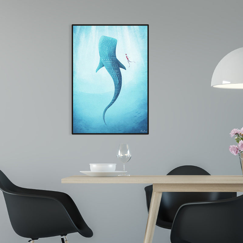 Giant Whale and Diver Wrapped Canvas Children's Art Marine Animal Painting in Blue Blue Clearhalo 'Art Gallery' 'Canvas Art' 'Kids' Arts' 1956538