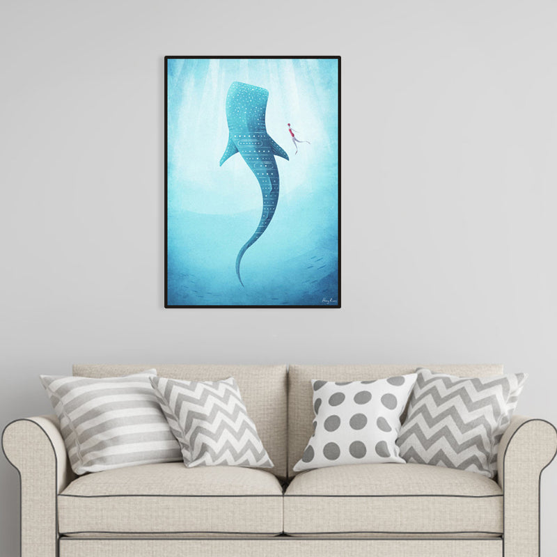 Giant Whale and Diver Wrapped Canvas Children's Art Marine Animal Painting in Blue Clearhalo 'Art Gallery' 'Canvas Art' 'Kids' Arts' 1956539