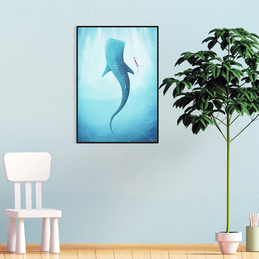 Giant Whale and Diver Wrapped Canvas Children's Art Marine Animal Painting in Blue Clearhalo 'Art Gallery' 'Canvas Art' 'Kids' Arts' 1956540