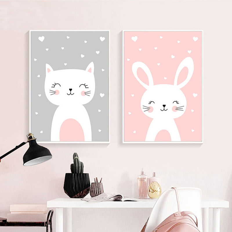 Merry Cartoon Animal Canvas Print Light Color Kids Style Painting for Baby Bedroom Clearhalo 'Art Gallery' 'Canvas Art' 'Kids' Arts' 1956690