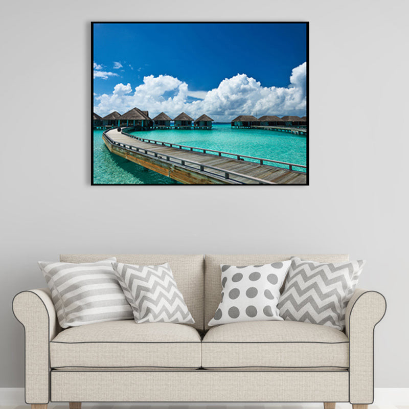 Bridge to Sea Contemporary Landscape Canvas Art Sitting Room Wall Decor in Pastel Color Blue Clearhalo 'Art Gallery' 'Canvas Art' 'Contemporary Art Gallery' 'Modern' Arts' 1956849
