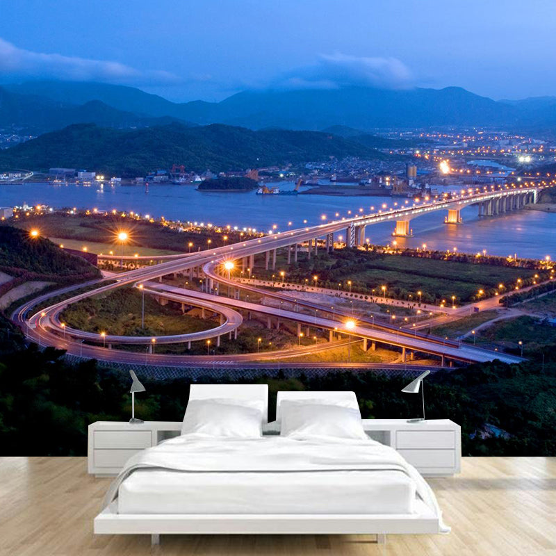 Custom Photographic Modern Mural with Aerial View of Night City in Dark Color for Bedroom Clearhalo 'Wall Decor' 'Wall Mural' 1956932