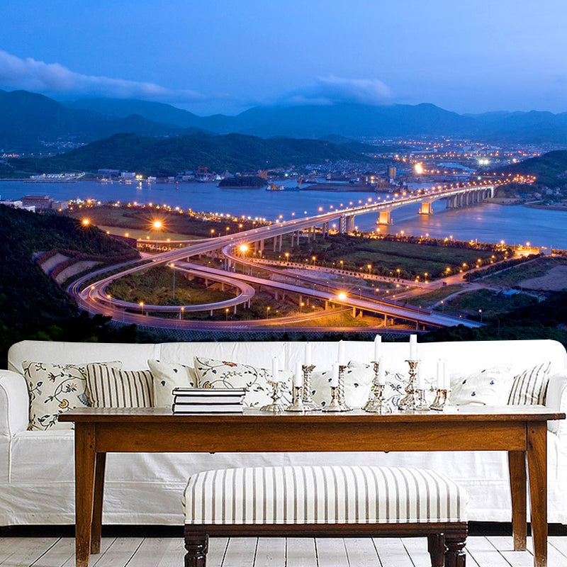 Custom Photographic Modern Mural with Aerial View of Night City in Dark Color for Bedroom Clearhalo 'Wall Decor' 'Wall Mural' 1956933