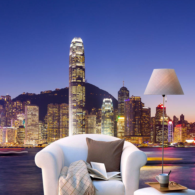 Custom Photographic Modern Mural with Aerial View of Night City in Dark Color for Bedroom Purple Clearhalo 'Wall Decor' 'Wall Mural' 1956936