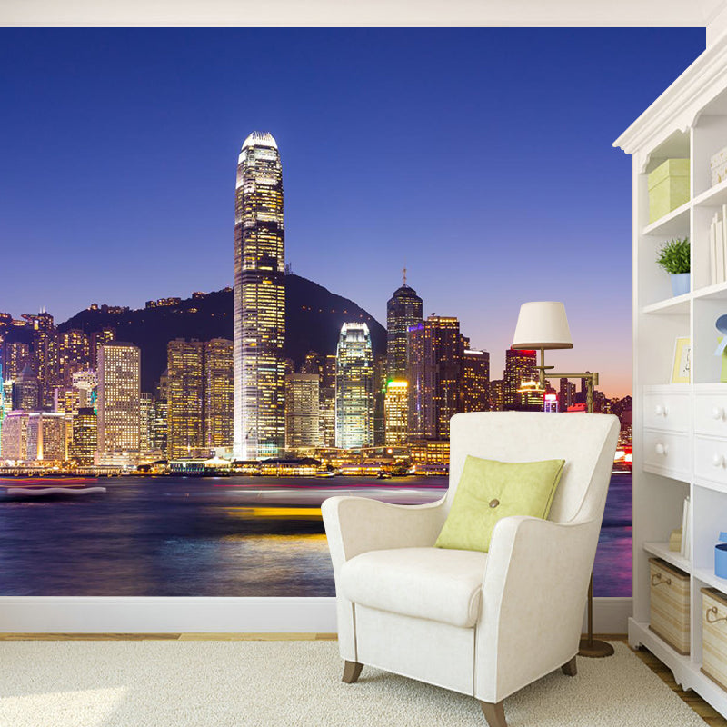 Custom Photographic Modern Mural with Aerial View of Night City in Dark Color for Bedroom Clearhalo 'Wall Decor' 'Wall Mural' 1956937