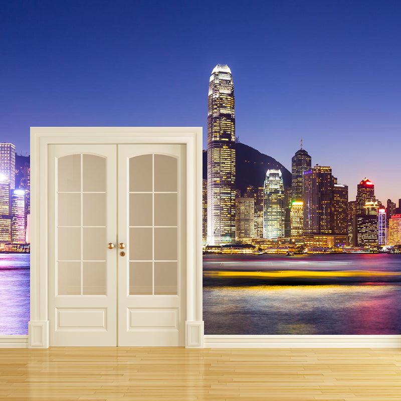 Custom Photographic Modern Mural with Aerial View of Night City in Dark Color for Bedroom Clearhalo 'Wall Decor' 'Wall Mural' 1956938