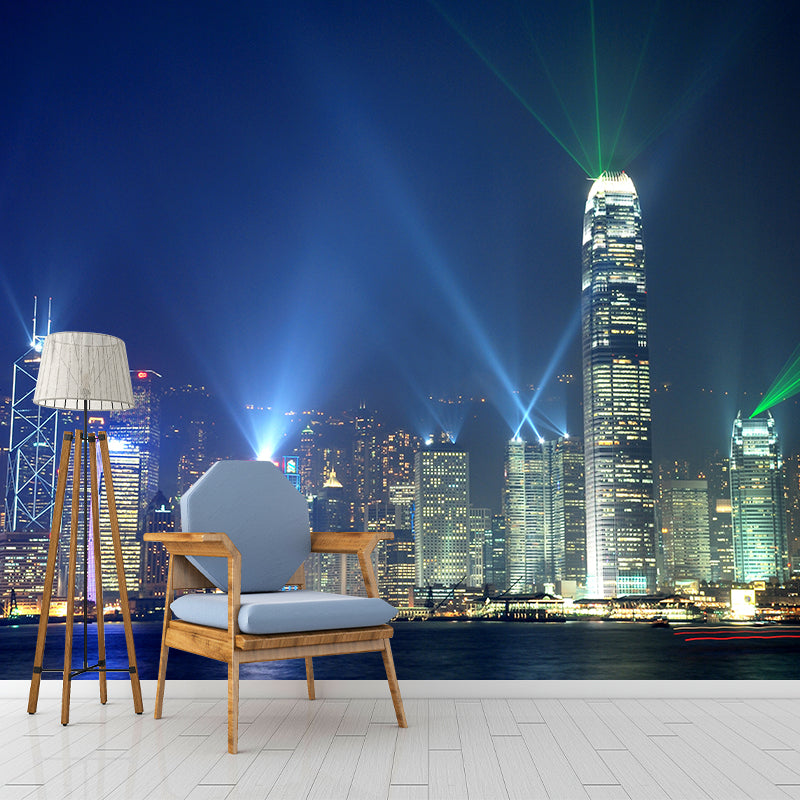 Custom Photographic Modern Mural with Aerial View of Night City in Dark Color for Bedroom Blue Clearhalo 'Wall Decor' 'Wall Mural' 1956946