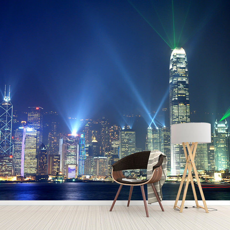 Custom Photographic Modern Mural with Aerial View of Night City in Dark Color for Bedroom Clearhalo 'Wall Decor' 'Wall Mural' 1956947