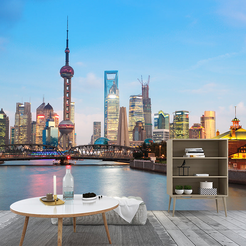 Custom Photographic Modern Mural with Aerial View of Night City in Dark Color for Bedroom Light Blue Clearhalo 'Wall Decor' 'Wall Mural' 1956951