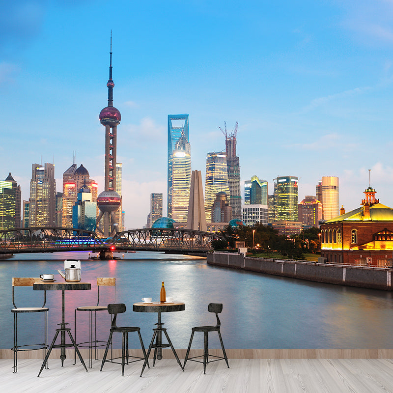 Custom Photographic Modern Mural with Aerial View of Night City in Dark Color for Bedroom Clearhalo 'Wall Decor' 'Wall Mural' 1956953