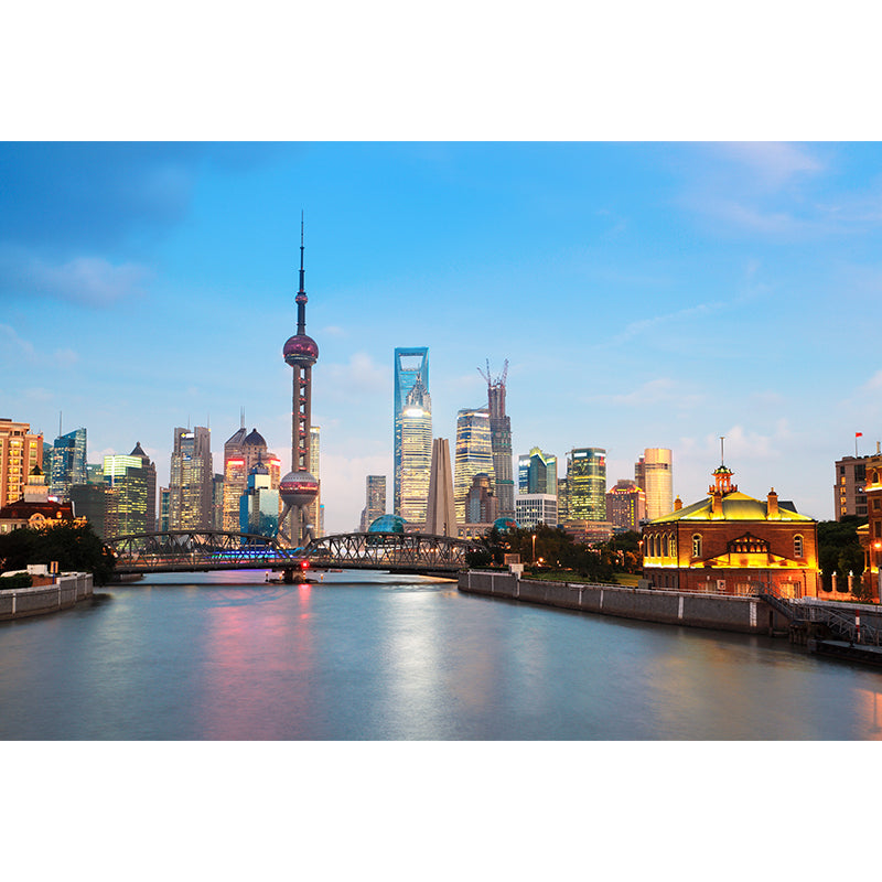 Custom Photographic Modern Mural with Aerial View of Night City in Dark Color for Bedroom Clearhalo 'Wall Decor' 'Wall Mural' 1956954