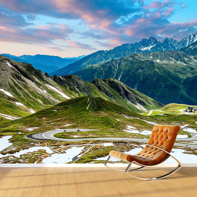 Mountain with Cloud View Mural Contemporary Washable Family Room Wall Covering, Custom Print Green Clearhalo 'Wall Decor' 'Wall Mural' 1957066