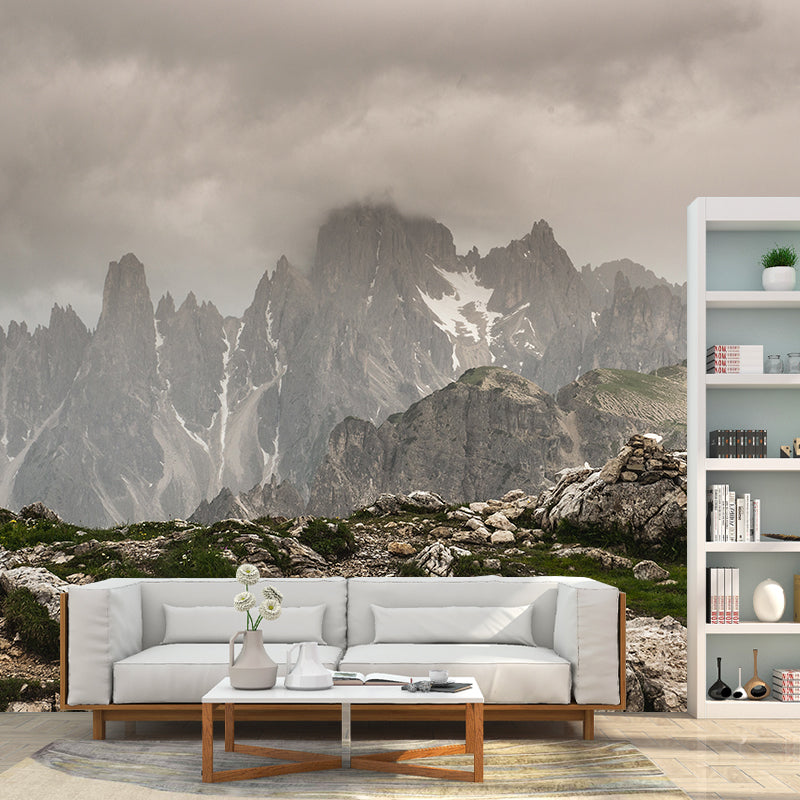 Mountain with Cloud View Mural Contemporary Washable Family Room Wall Covering, Custom Print Grey Clearhalo 'Wall Decor' 'Wall Mural' 1957071