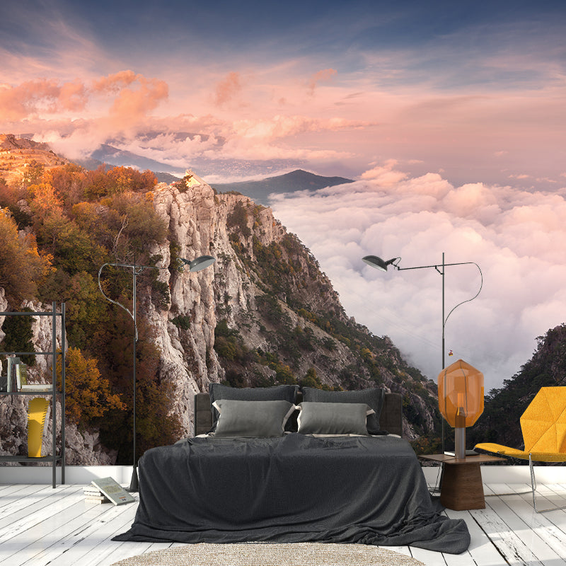 Mountain with Cloud View Mural Contemporary Washable Family Room Wall Covering, Custom Print Light Orange Clearhalo 'Wall Decor' 'Wall Mural' 1957076