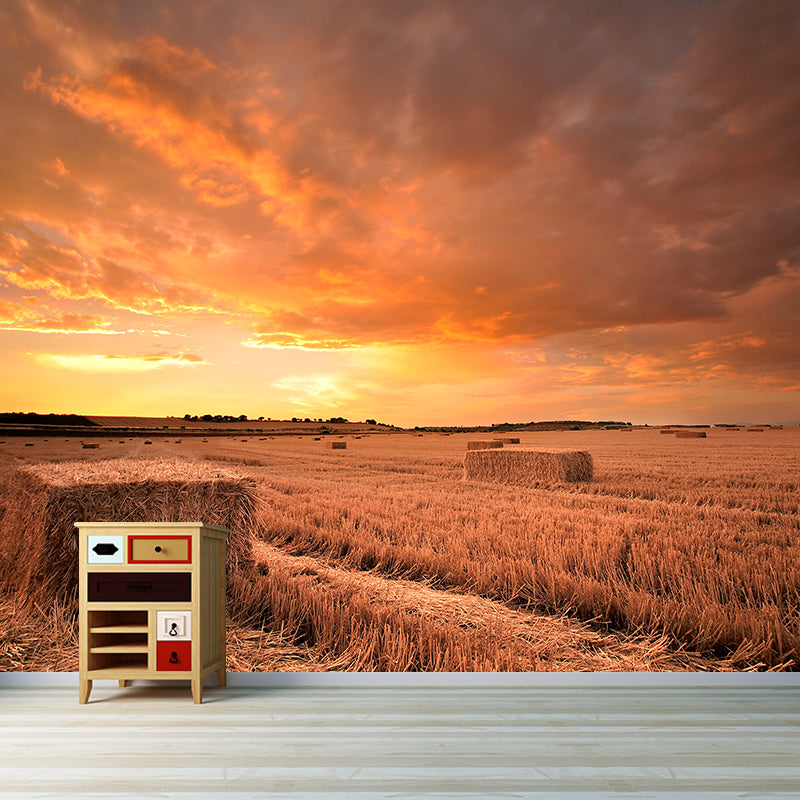 Cornfield Scenery Mural Wallpaper Pastel Color Modern Wall Covering for Drawing Room Orange Clearhalo 'Wall Decor' 'Wall Mural' 1957496