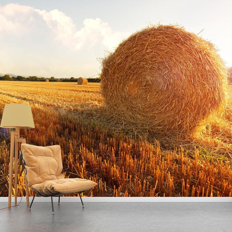 Relaxing Cornfield View Mural Wallpaper Pastel Color Modern Wall Covering for Drawing Room Orange Clearhalo 'Wall Decor' 'Wall Mural' 1957562