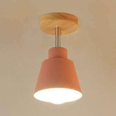 Conic Bedroom Semi Flush Pendant Light Contemporary Metal 1 Light Gray/Pink Ceiling Lighting with Wooden Canopy Pink Clearhalo 'Ceiling Lights' 'Close To Ceiling Lights' 'Close to ceiling' 'Semi-flushmount' Lighting' 19576