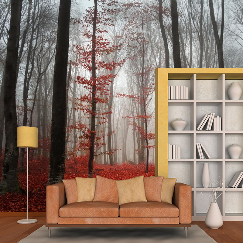 Contemporary Foggy Forest Mural Decal Pastel Color Natural Landscape Wall Covering Red Clearhalo 'Wall Decor' 'Wall Mural' 1957732