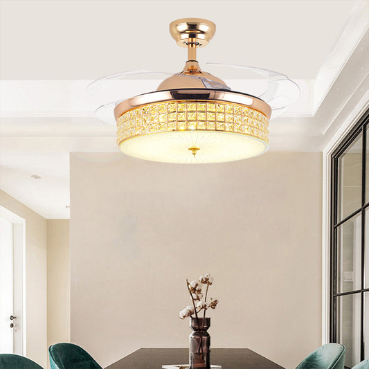 Crystal Round Ceiling Fan Light Contemporary LED Ceiling Mounted Fixture in Gold with 4 Acrylic Blades Clearhalo 'Ceiling Fans with Lights' 'Ceiling Fans' 'Modern Ceiling Fans' 'Modern' Lighting' 1957874