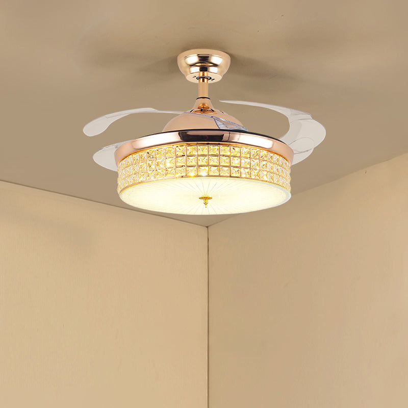 Crystal Round Ceiling Fan Light Contemporary LED Ceiling Mounted Fixture in Gold with 4 Acrylic Blades Clearhalo 'Ceiling Fans with Lights' 'Ceiling Fans' 'Modern Ceiling Fans' 'Modern' Lighting' 1957875