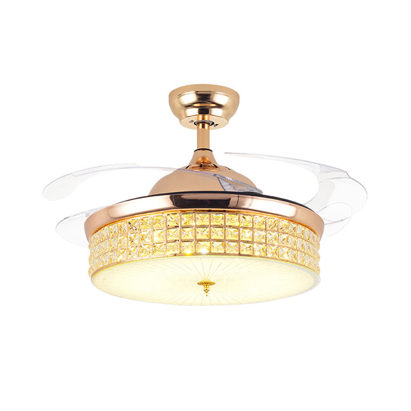 Crystal Round Ceiling Fan Light Contemporary LED Ceiling Mounted Fixture in Gold with 4 Acrylic Blades Clearhalo 'Ceiling Fans with Lights' 'Ceiling Fans' 'Modern Ceiling Fans' 'Modern' Lighting' 1957876