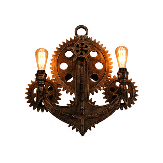2-Head Sconce Warehouse Gear Iron Wall Mounted Lighting in Rust with Anchor Backplate for Dining Room Clearhalo 'Art deco wall lights' 'Cast Iron' 'Glass' 'Industrial wall lights' 'Industrial' 'Middle century wall lights' 'Modern' 'Rustic wall lights' 'Tiffany' 'Traditional wall lights' 'Wall Lamps & Sconces' 'Wall Lights' Lighting' 1957918