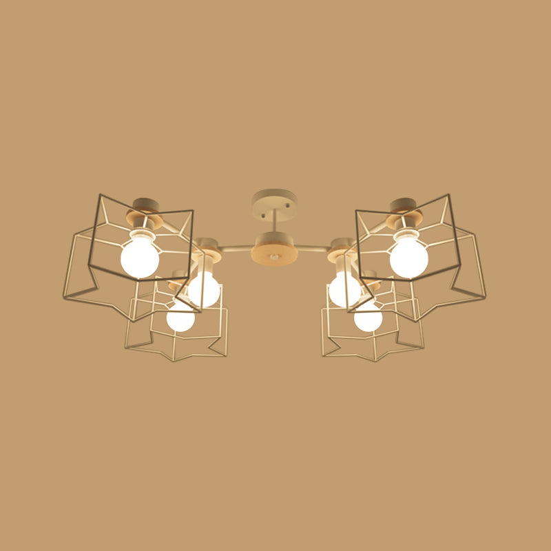 6-Light Bedroom Hanging Chandelier Cartoon White Pendant Lamp with Cloud/Star Iron Cage and Wood Cap Clearhalo 'Ceiling Lights' 'Chandeliers' Lighting' options 1957945
