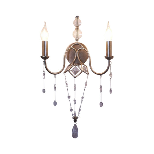 Silver Candle Wall Lighting Rustic Metal 2 Heads Living Room Sconce Light with Crystal Bracelet Decor Silver Clearhalo 'Wall Lamps & Sconces' 'Wall Lights' Lighting' 1957979