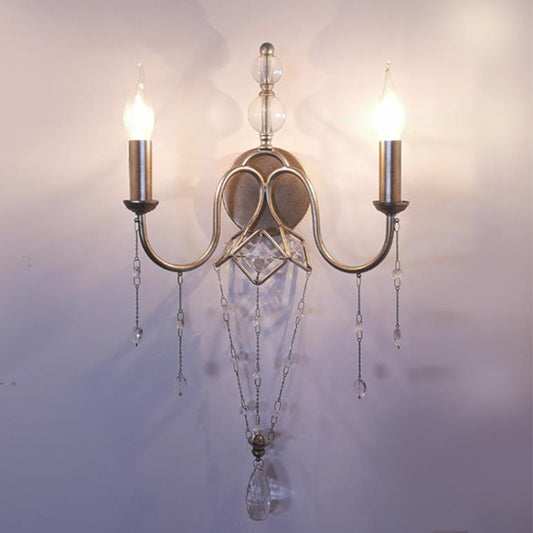 Silver Candle Wall Lighting Rustic Metal 2 Heads Living Room Sconce Light with Crystal Bracelet Decor Clearhalo 'Wall Lamps & Sconces' 'Wall Lights' Lighting' 1957980